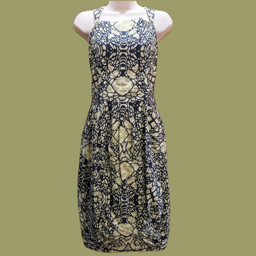 Anthropologie Fish Fry Sage and Navy Blue Abstract Pattern Bubble Dress